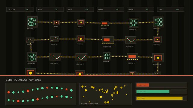 Cleanroom assembly line interface showing network topology nodes with circular indicators and production status charts rendered on a dark display for industrial monitoring of manufacturing processes