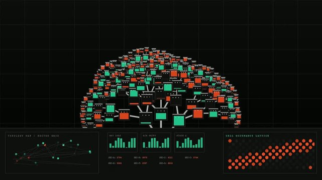 A sophisticated Cleanroom assembly display features flickering digital trees composed of glowing light nodes and intricate data grids against a dark void for futuristic interface monitoring