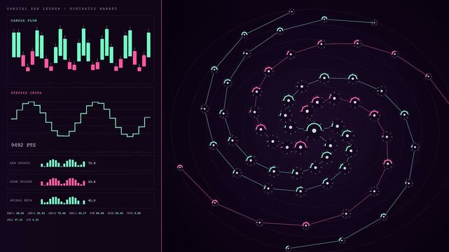 Cleanroom assembly data displays showing digital graphs and glowing spiral patterns floating on a dark purple interface screen for modern engineering or software development visualization