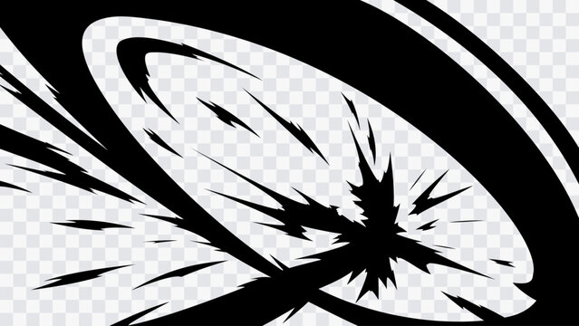 Dynamic black and white manga impact burst with a sweeping curved arc, sharp central explosion and powerful directional streaks, creating a dramatic sense of speed, motion.