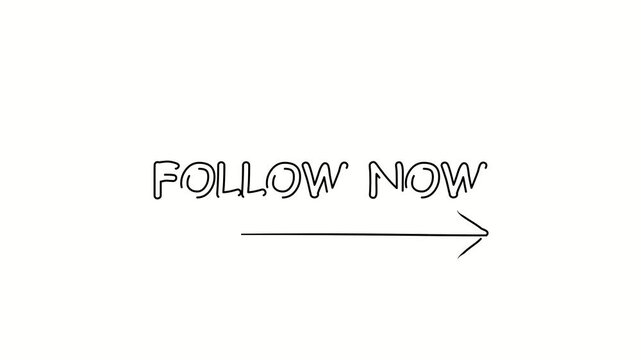 Follow now. Contour drawing business text animation with arrow, direction. Continuous line word. Isolated message on white. Video 4k object illustration self-drawing. Minimalist continuous line drawin