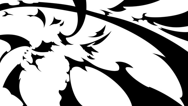 Bold black and white manga energy swirl with large curved streaks, sharp flame-like shapes and flowing directional motion, creating a dramatic abstract action effect for anime illustrations.