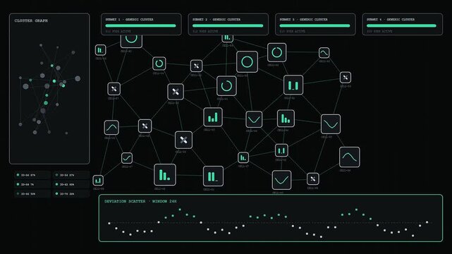 A digital cleanroom assembly interface displays animated nodal network connections and mathematical trend charts across three screens showing fluctuating green data points on black backgrounds