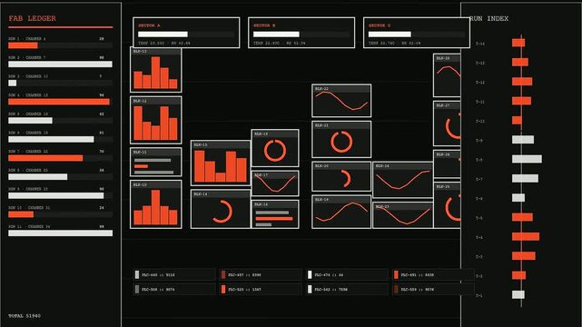 A digital cleanroom assembly interface displaying server metrics and analytical flow charts across glowing orange bars on a dark screen monitoring system performance logs