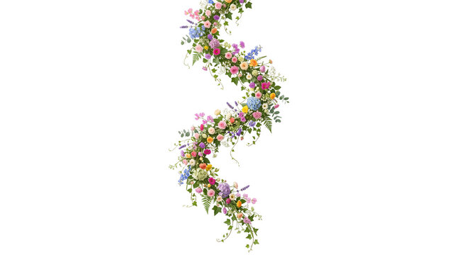 Floral garland with colorful spring flowers, vertical winding flower vine on white background, botanical garden border for wedding design