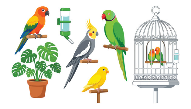 Pet parrot bird vector set containing cockatiel lovebirds parakeet conure cage water dispenser and monstera houseplant isolated on white background