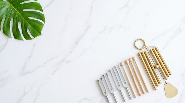 Flat Lay Tuning Forks And Wind Chime, Sound Therapy Instruments On White Marble, Minimalistic Wellness Banner, Copy Space Selective Focus
