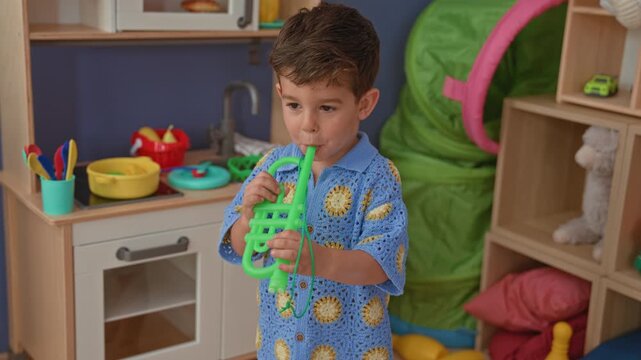 Boy blows a green plastic toy trumpet while smiling in a playroom by a play kitchen and shelves; playful joy.