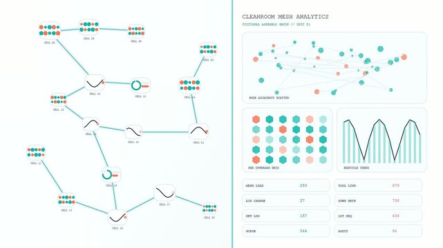 A digital cleanroom assembly display showing intricate analytical node networks and tracking grids with moving particle flow sequences visualized through multiple cycling windows on a flat interface