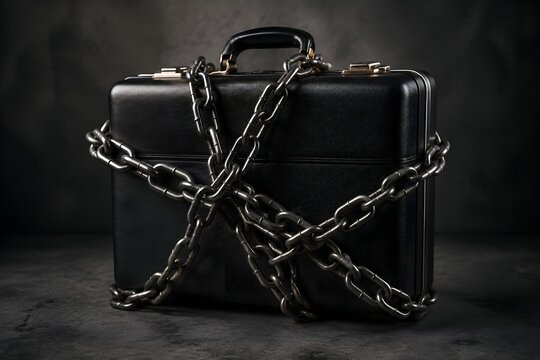 Heavy Chain Around Closed Briefcase Symbolizing Blocked Business Opportunity Financial Restriction and Limited Economic Freedom