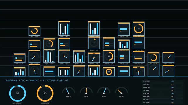 A cleanroom assembly interface showing multiple blue and orange bar graphs alongside circular gauges on a dark digital display grid for monitoring complex production plant systems