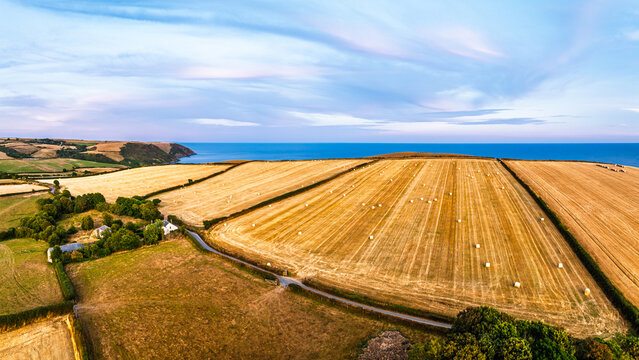 Sunset over Cornwall Fields and Farms from a drone, Polruan, Cornwall, England