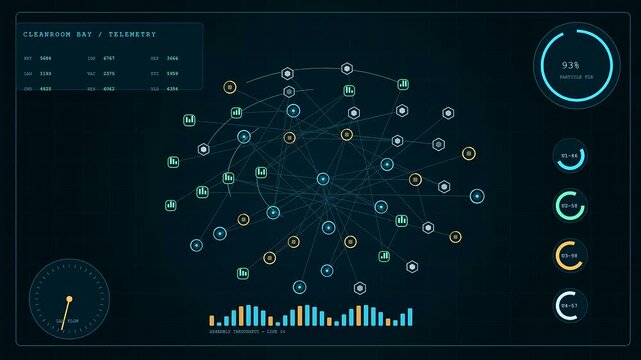 a cleanroom assembly dashboard displaying complex network nodes and data graphs on dark blue glowing screens showing system telemetry metrics for advanced manufacturing monitoring and analytics