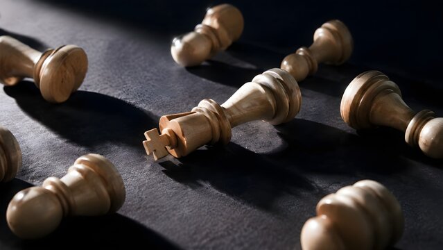 Fallen Chess King Among Toppled Pieces Symbolizes Defeat, Lost Control, Failure, and Strategic Collapse Dramatically