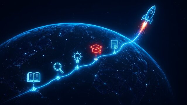 Glowing digital path across the globe featuring education icons and a launching rocket representing worldwide online learning and global business success.