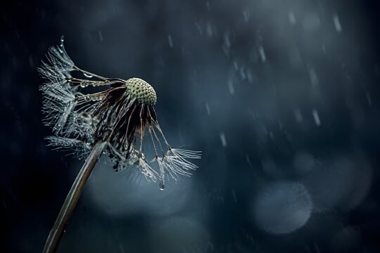Wilted Dandelion Bent Under Rain Symbolizes Lost Wishes Fragility Disappointment Sadness and Fading Hope Quietly