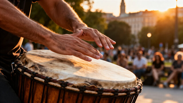 Close up of musician hands playing a djembe drum in an outdoor city park during warm sunset light for community bonding and cultural street music performance concept