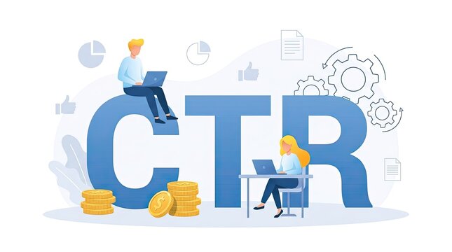 Two professionals analyzing click through rates with laptops and financial icons in digital workspace with surrounded financial performance individuals work laptops performance related digital art