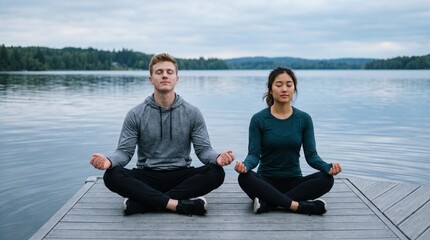 Fototapeta premium Group Breathwork On Wooden Pier By Lake, Diverse Friends Meditating Together, Outdoor Fitness Recovery Session, Tranquil Nature Landscape
