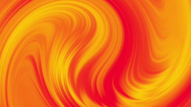 Seamless looping abstract animation of bright yellow, vivid orange and deep red fluid ribbons flowing in continuous undulating S curve waves and soft swirling streams with silky blended liquid texture