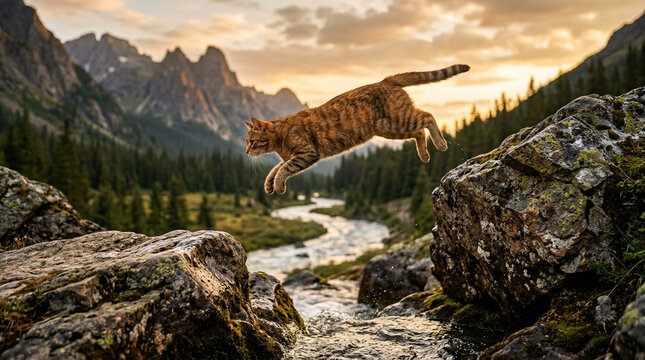 Tabby cat leaping across rocks near a mountain stream scenic outdoor photo