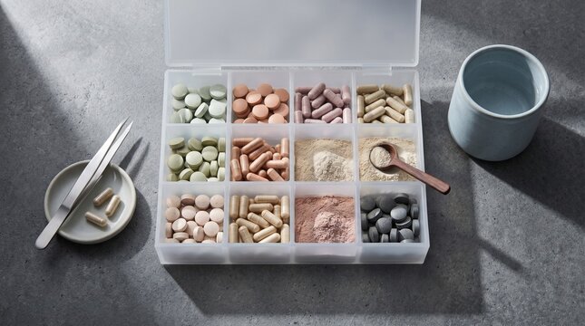 Flat Lay Supplement Case Layout, Minimalistic Microdose Organizer, Precision Vitamin Management Setup, Clean Concrete Background