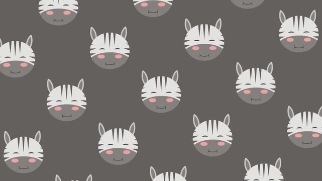 A charming and playful seamless pattern showcasing numerous cute cartoon zebra faces, ideal for children's textiles, nursery decor, or whimsical animal-themed designs