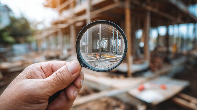 engineer use magnifying glass inspecting construction new house.inspecting construction and quality assurance new house. Engineers or architects or contactor work to build the house.
