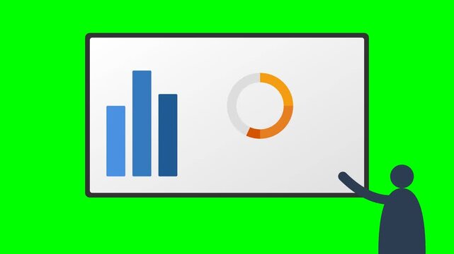 Business Man Pointing at Digital Board with Growing Bar Chart and Donut Graph on Green Screen Background