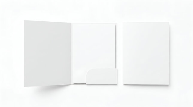 Blank white presentation folder mockup featuring an open and closed design on a clean minimalist background