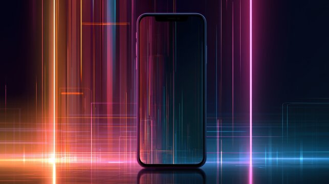 Smartphone on technology background. Neon glowing mobile phone on abstract dark background. Futuristic network connection