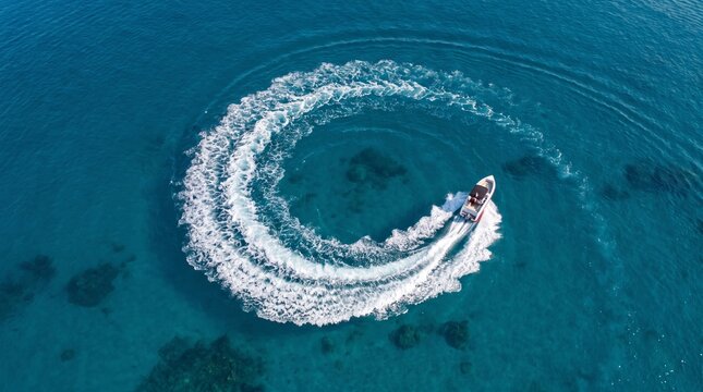 Aerial top view of a motorboat making a white circle wake in the blue tropical sea