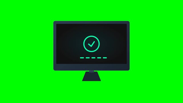 Flat Animation of a Computer Monitor with Loading Circle and Progress Bar on Green Screen Background