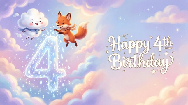 Cute fox jumping beside glowing rain number four for fourth birthday