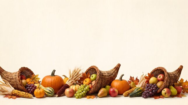 A festive thanksgiving cornucopia arrangement featuring pumpkins and autumn fruits isolated on a plain light background with copy space