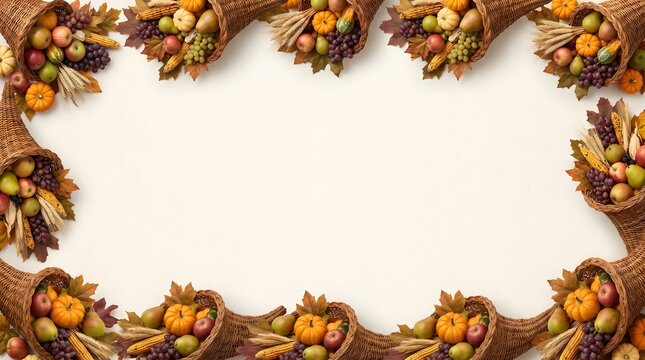 A festive thanksgiving border featuring decorative cornucopias filled with autumn harvest fruits and vegetables on a clean white background
