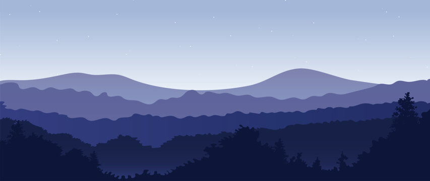 Blue mountain range landscape illustration with layered hills, forest silhouette, and clear sky for travel background, horizontal banner, and outdoor poster.
