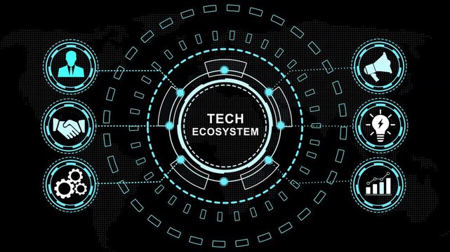 Dynamic tech ecosystem infographic hud animation featuring global connectivity, digital transformation, business strategy futuristic data visualization, and network infrastructure interface