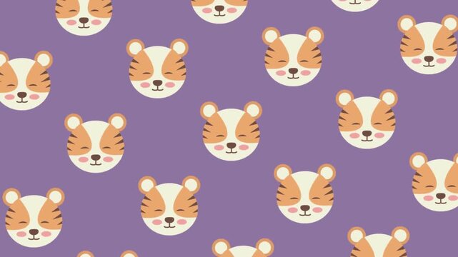 Charming and playful repeating pattern of cute cartoon tiger faces on a vibrant purple background, perfect for children's designs, textiles, and fun animal-themed projects