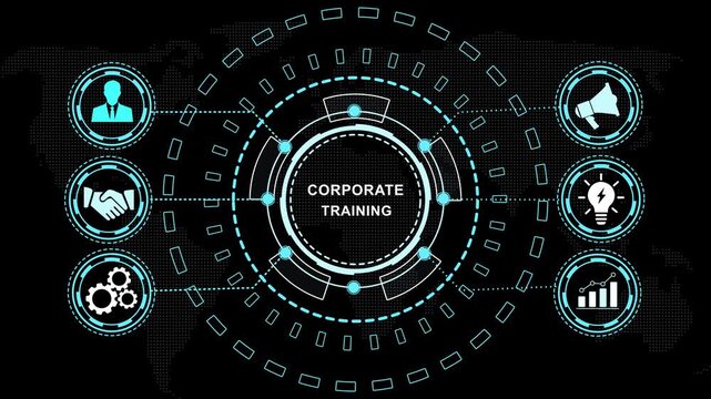 Corporate training digital hud interface featuring animated global business and development infographics for modern educational presentations, e-learning modules, and executive strategy meetings