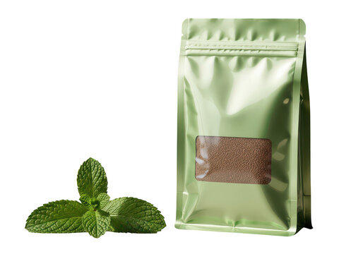 Green tea bag package with fresh mint leaves isolated on transparent background