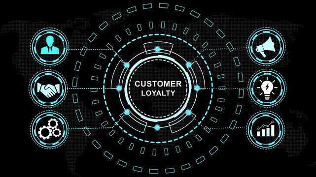 Dynamic customer loyalty concept with futuristic digital hud interface, animated business global network connectivity, data analytics, and marketing strategy on a sleek dark background