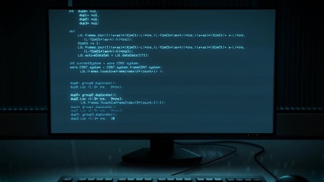 PCモニターとキーボードの3Dアニメーション　架空のコード表示　ズームアウト