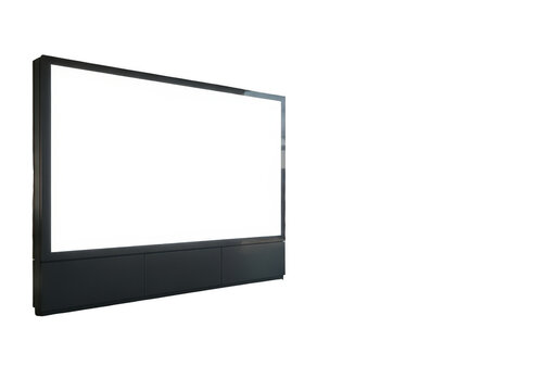 Modern television screen mockup on a black tv stand isolated on transparent background