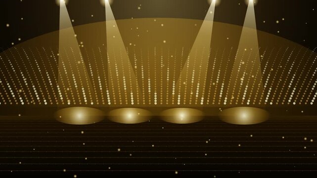 Elegant golden stage background with glowing spotlights and shimmering particle curtains for award ceremonies.