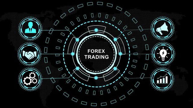 Advanced forex trading digital interface hud featuring global financial market analysis data, currency exchange analytics, investment strategy and cybernetic network connectivity for modern finance