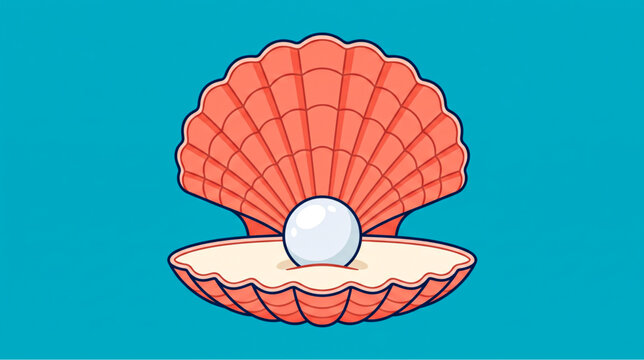 Open Scallop Shell with Shiny White Pearl Vector Illustration