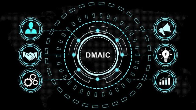 Dynamic dmaic methodology infographic animation featuring six sigma process improvement global business strategy hud interface, corporate data analysis, and lean management workflow visualization