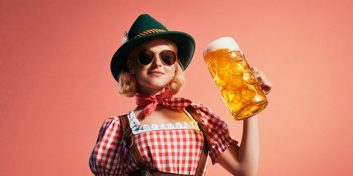 Young woman celebrating Oktoberfest, holding a large beer stein, wearing traditional German dirndl and Tracht hat
