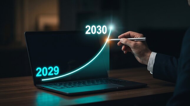 Business growth concept with a hand pointing to a digital upward trend line from 2029 to 2030 on a laptop screen in a dark office